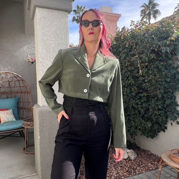 Upcycled army green silver chain blazer - Picture 4 of 7